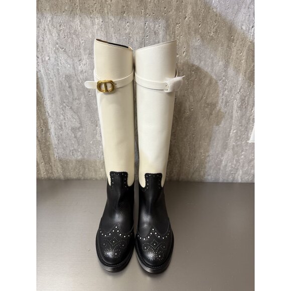 Christian Dior Womens Two-Tone Leather Tall Riding Boots Black & White Size 38.5 - Picture 1 of 15